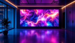 A photograph of a modern interior space featuring a striking led display integrated into a wall design