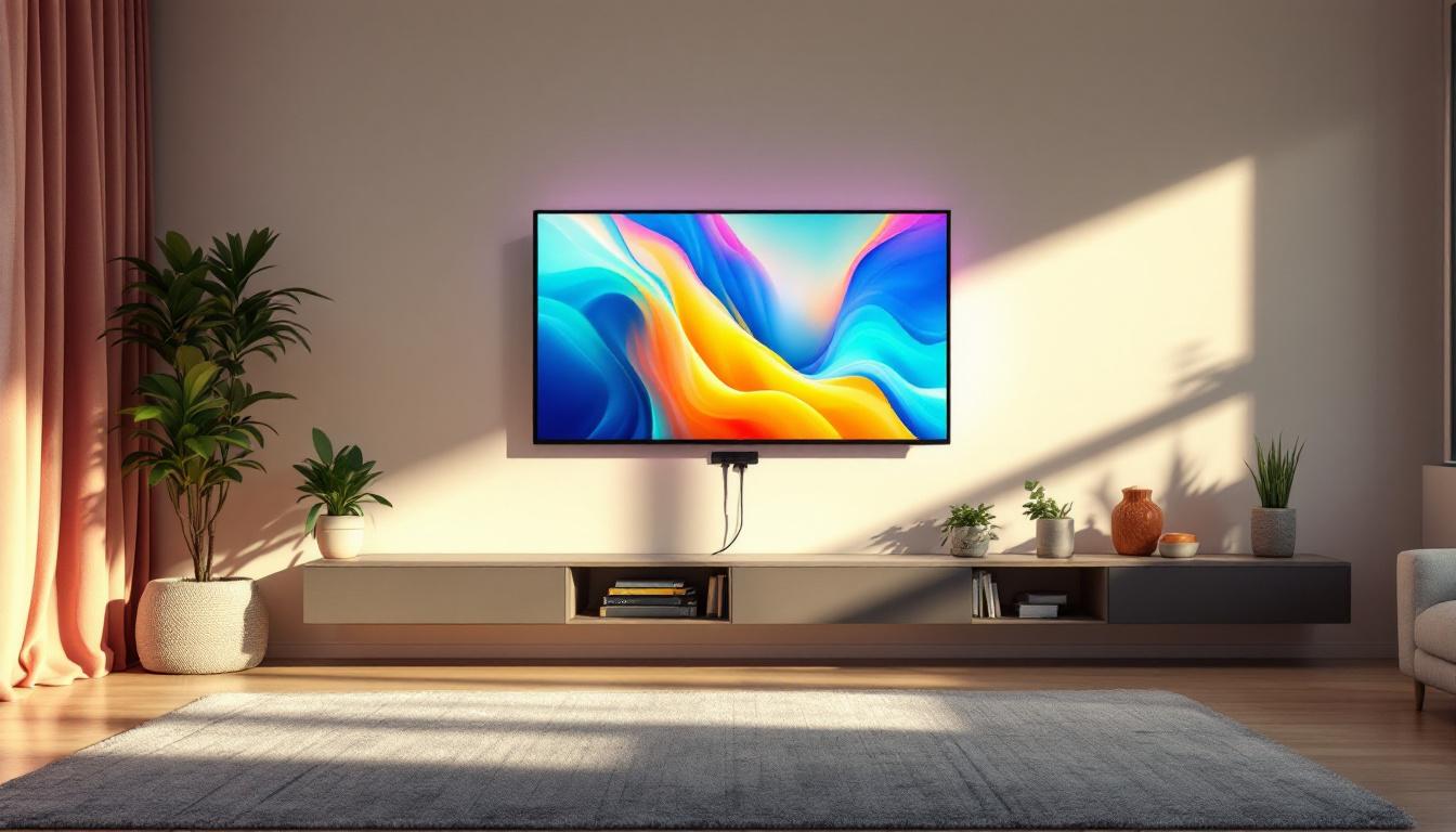 A photograph of a modern plug-in wall led display in a well-lit home setting