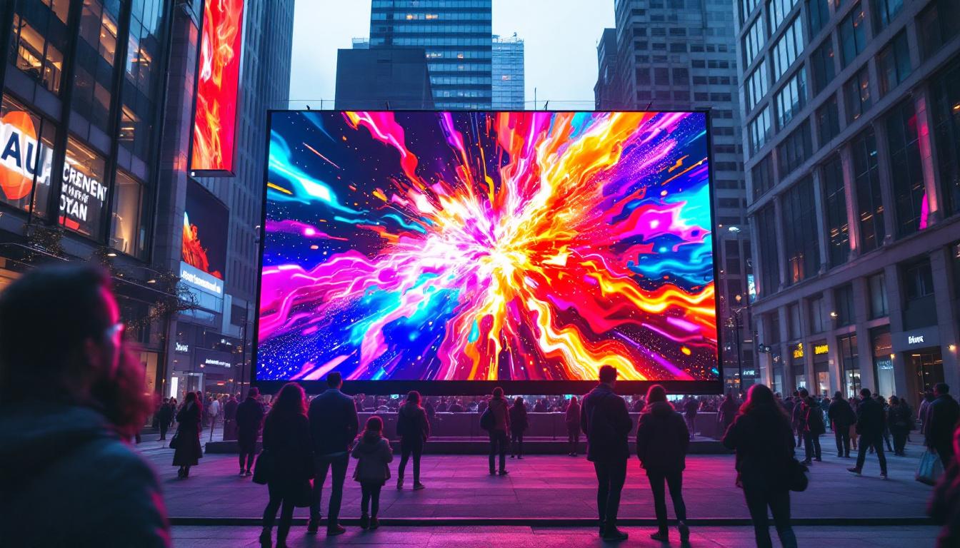 A photograph of capture a photograph of a vibrant led display showcasing dynamic graphics and bright colors in an urban setting