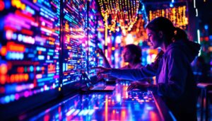 A photograph of a vibrant and dynamic scene featuring interactive led lights in action