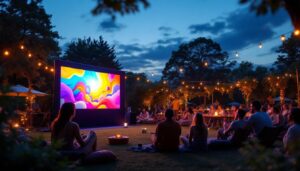 A photograph of a vibrant outdoor setting at dusk