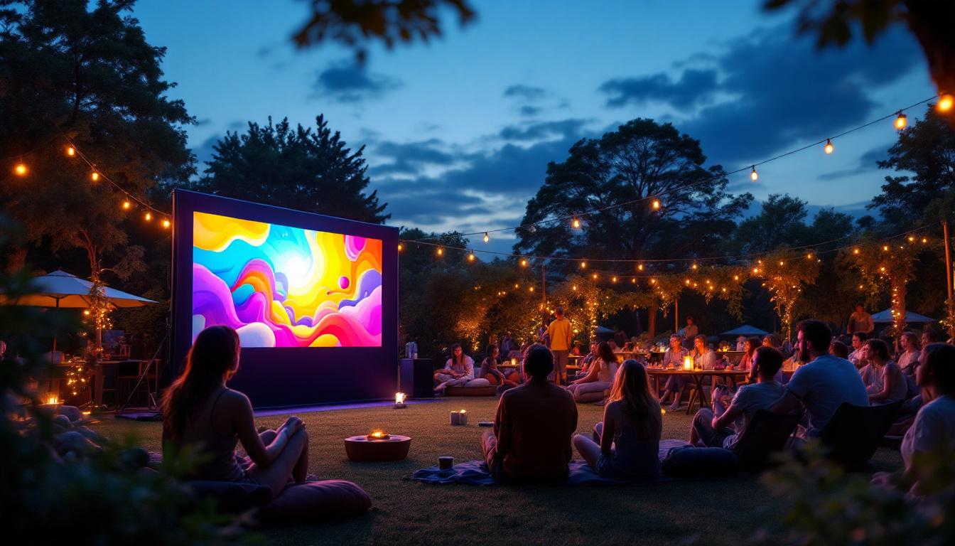 A photograph of a vibrant outdoor setting at dusk