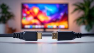 A photograph of a side-by-side comparison of an hdmi 2.1 cable and a displayport 1.4 cable