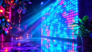 A photograph of capture a photograph of a vibrant 16-foot led light display in a dynamic setting