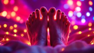 A photograph of a close-up of elegantly manicured feet positioned in a worshipful pose