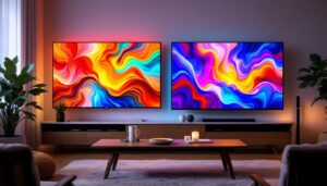 A photograph of a side-by-side comparison of a vibrant led tv and a rich-colored plasma tv