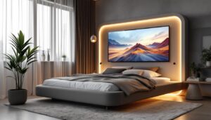 A photograph of a stylish wall corner bed design featuring an integrated led display