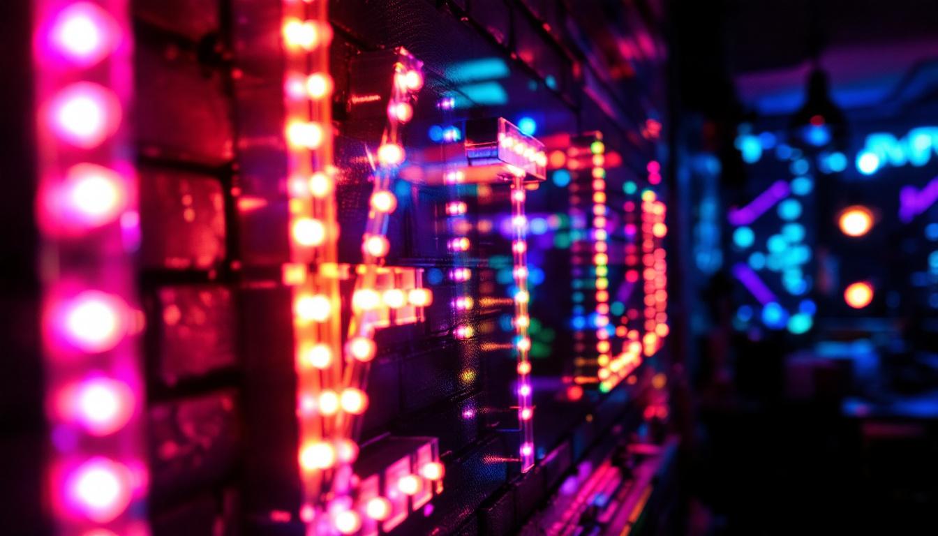 A photograph of a vibrant custom led light sign in a dimly lit setting