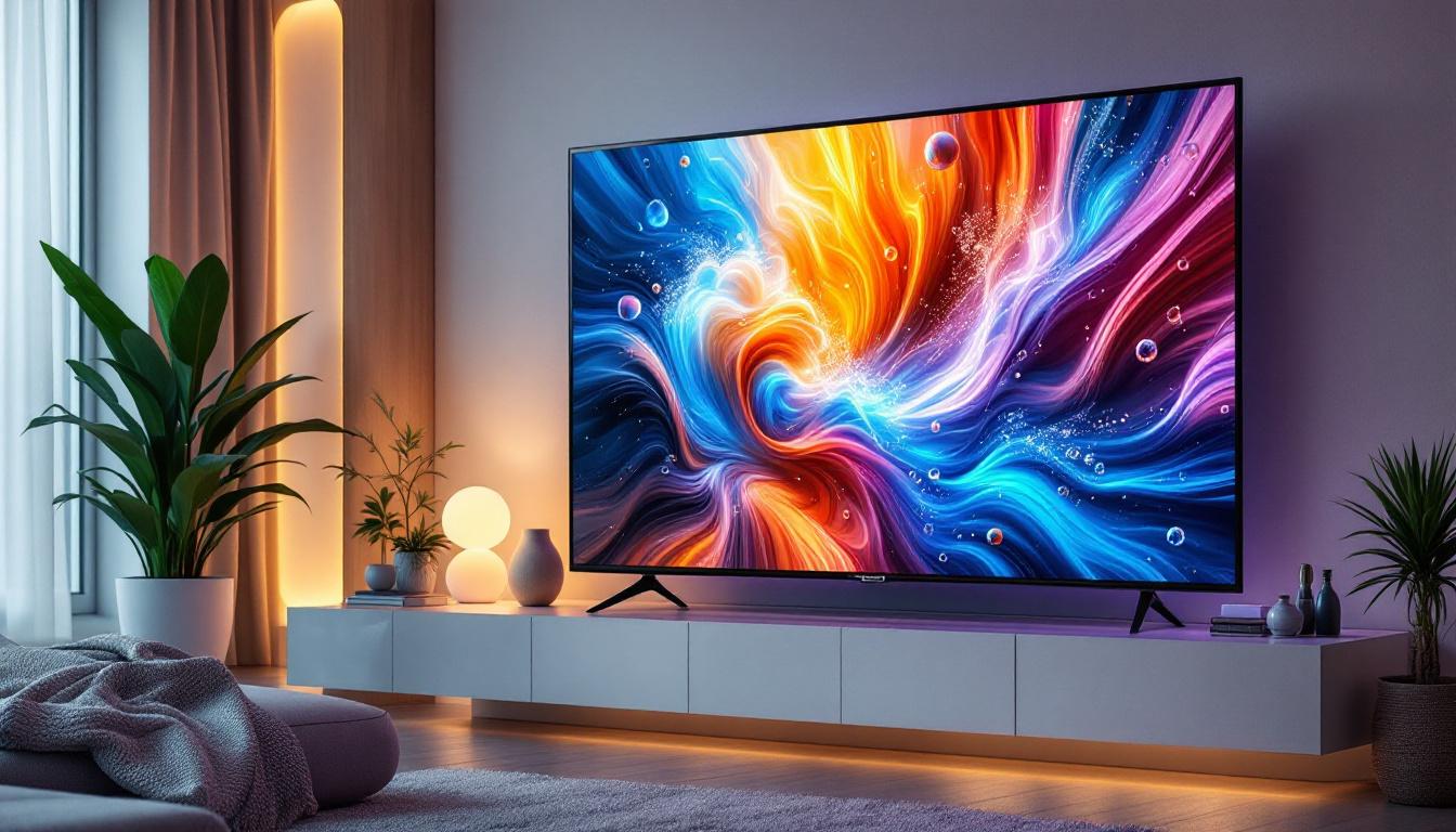 A photograph of a vibrant led television screen displaying a dynamic image