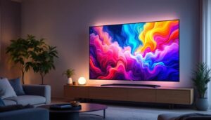 A photograph of a sleek 110-inch flat screen led tv displaying vibrant colors and sharp images in a modern living room setting