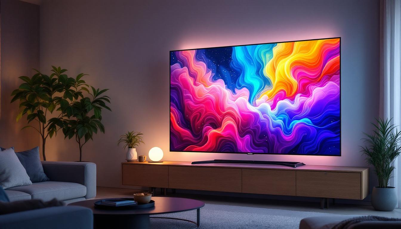 A photograph of a sleek 110-inch flat screen led tv displaying vibrant colors and sharp images in a modern living room setting