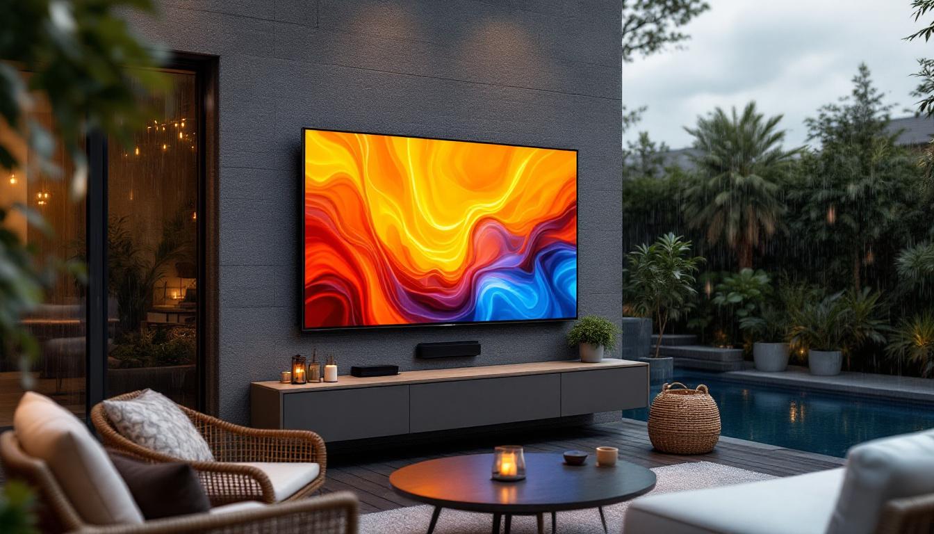 A photograph of a weatherproof outdoor tv installation in a stylish backyard setting