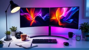 A photograph of capture a photograph of a sleek dual monitor setup on a stylish desk