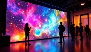 A photograph of a vibrant led projection wall in use