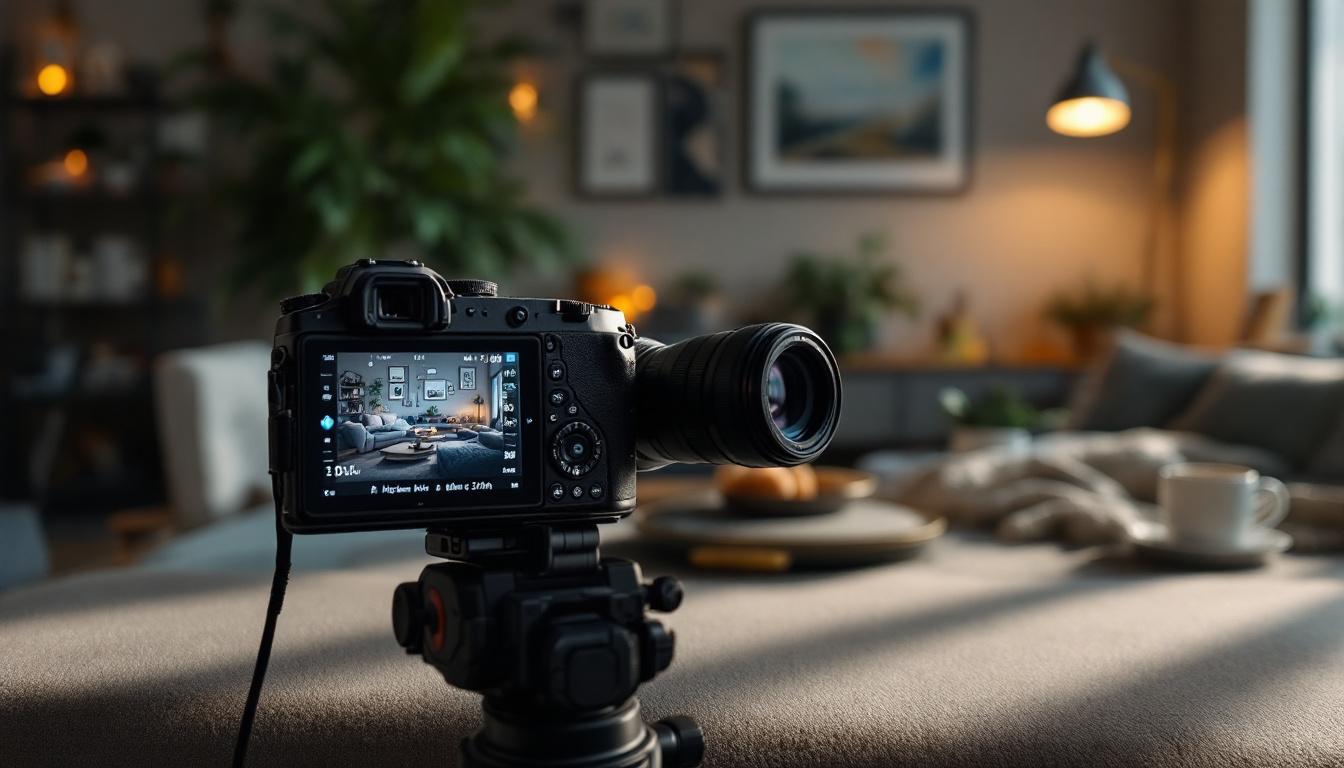 A photograph of a modern interior camera positioned in a stylish living room setting