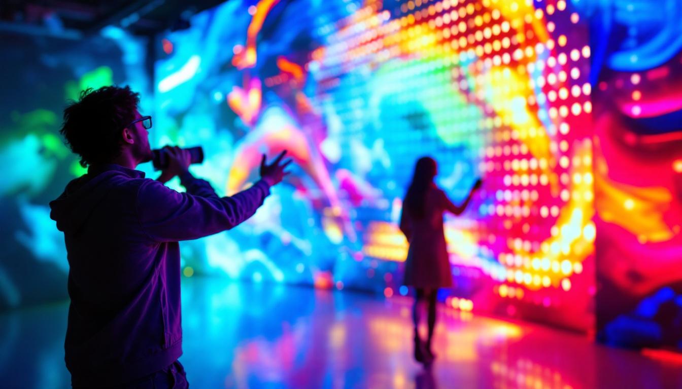 A photograph of a vibrant led display backdrop in use during a photoshoot