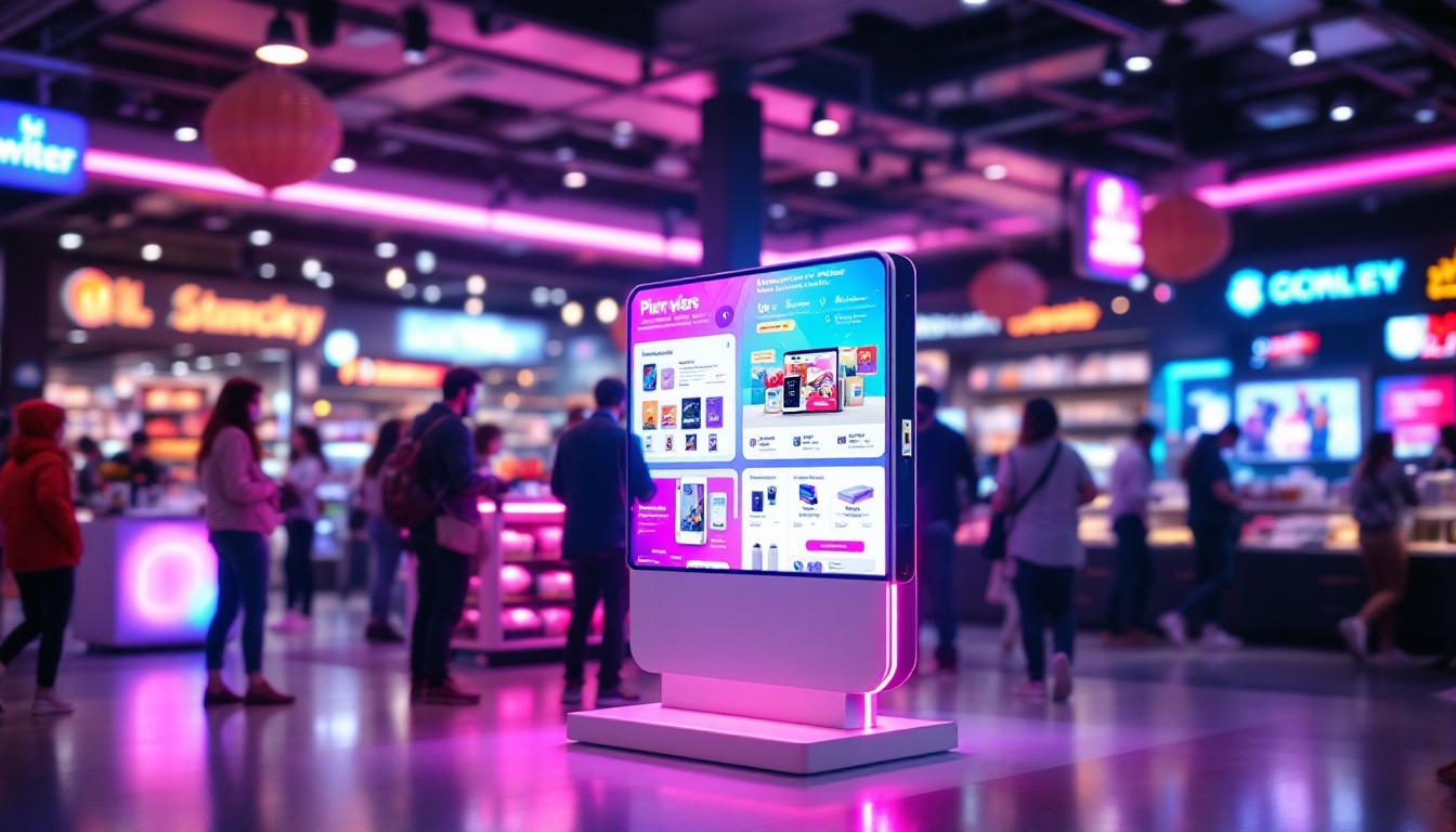 A photograph of a vibrant portable retail display featuring an led screen