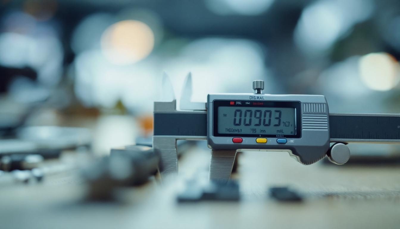 A photograph of a close-up shot of a digital caliper measuring a small object