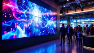 A photograph of a vibrant video wall display in an engaging environment