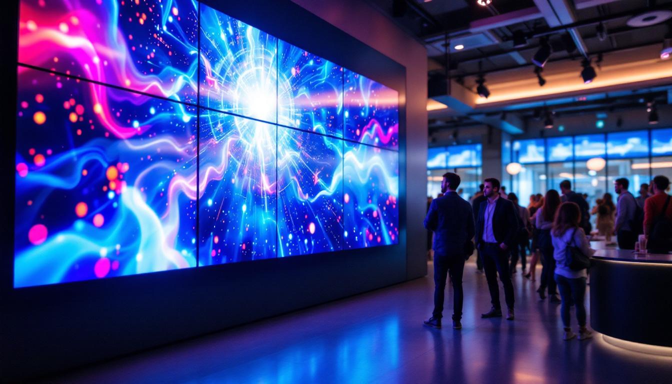 A photograph of a vibrant video wall display in an engaging environment