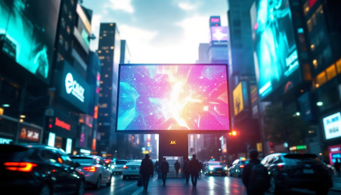 A photograph of a vibrant led display in a dynamic urban setting