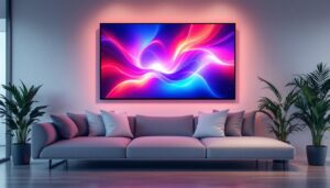 A photograph of a modern interior space featuring a vibrant led display board mounted on a wall