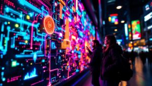 A photograph of a vibrant led display in a dynamic urban setting