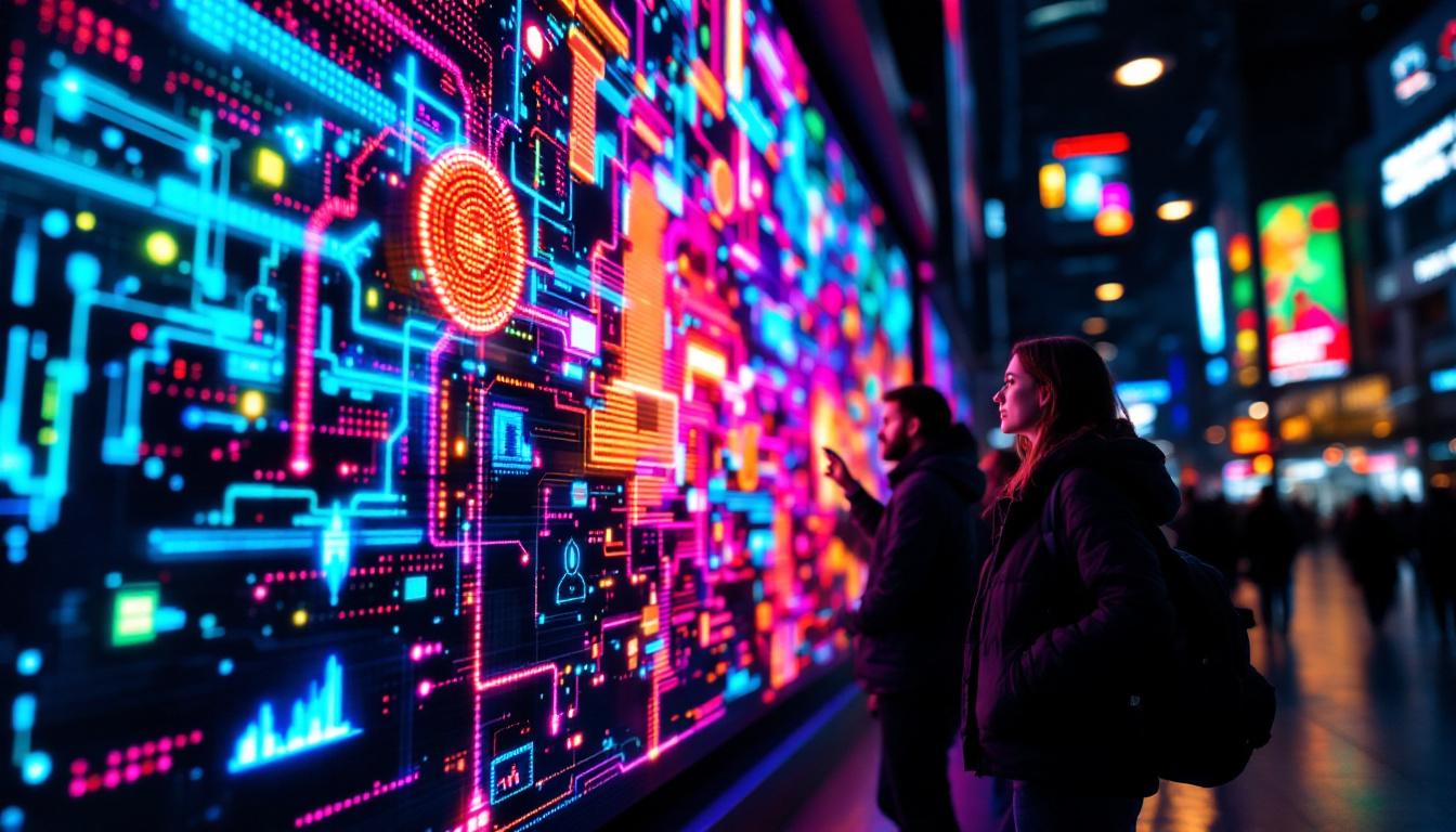 A photograph of a vibrant led display in a dynamic urban setting