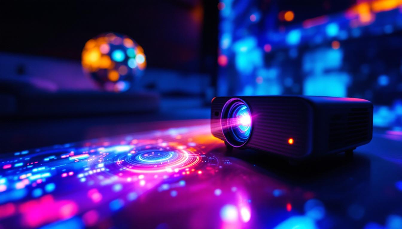 A photograph of a vibrant multimedia projector in action