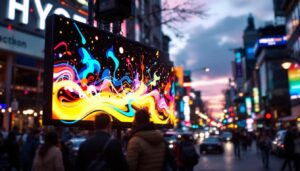 A photograph of a vibrant led display in a bustling hillsboro