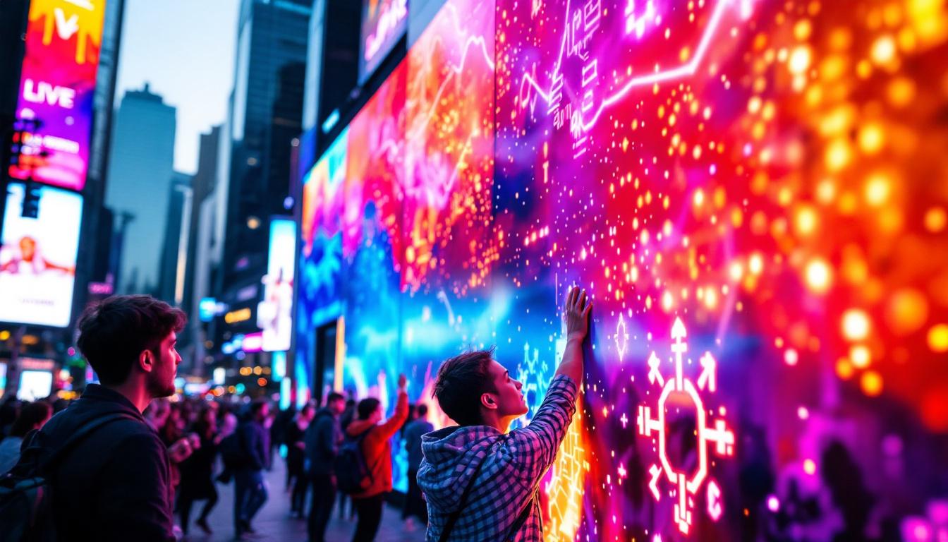 A photograph of capture a photograph of a vibrant led display in a bustling urban setting