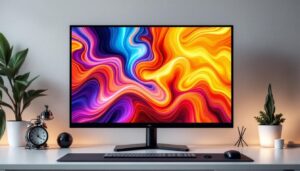 A photograph of a 22-inch led monitor displaying vibrant images