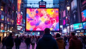 A photograph of a vibrant led display in a bustling urban environment