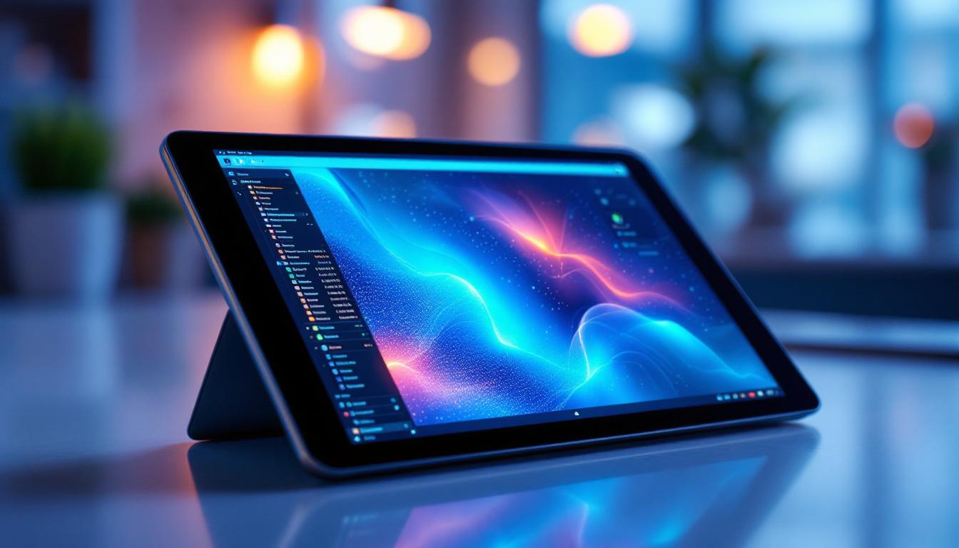 A photograph of a sleek lcd tablet displaying vibrant graphics or text