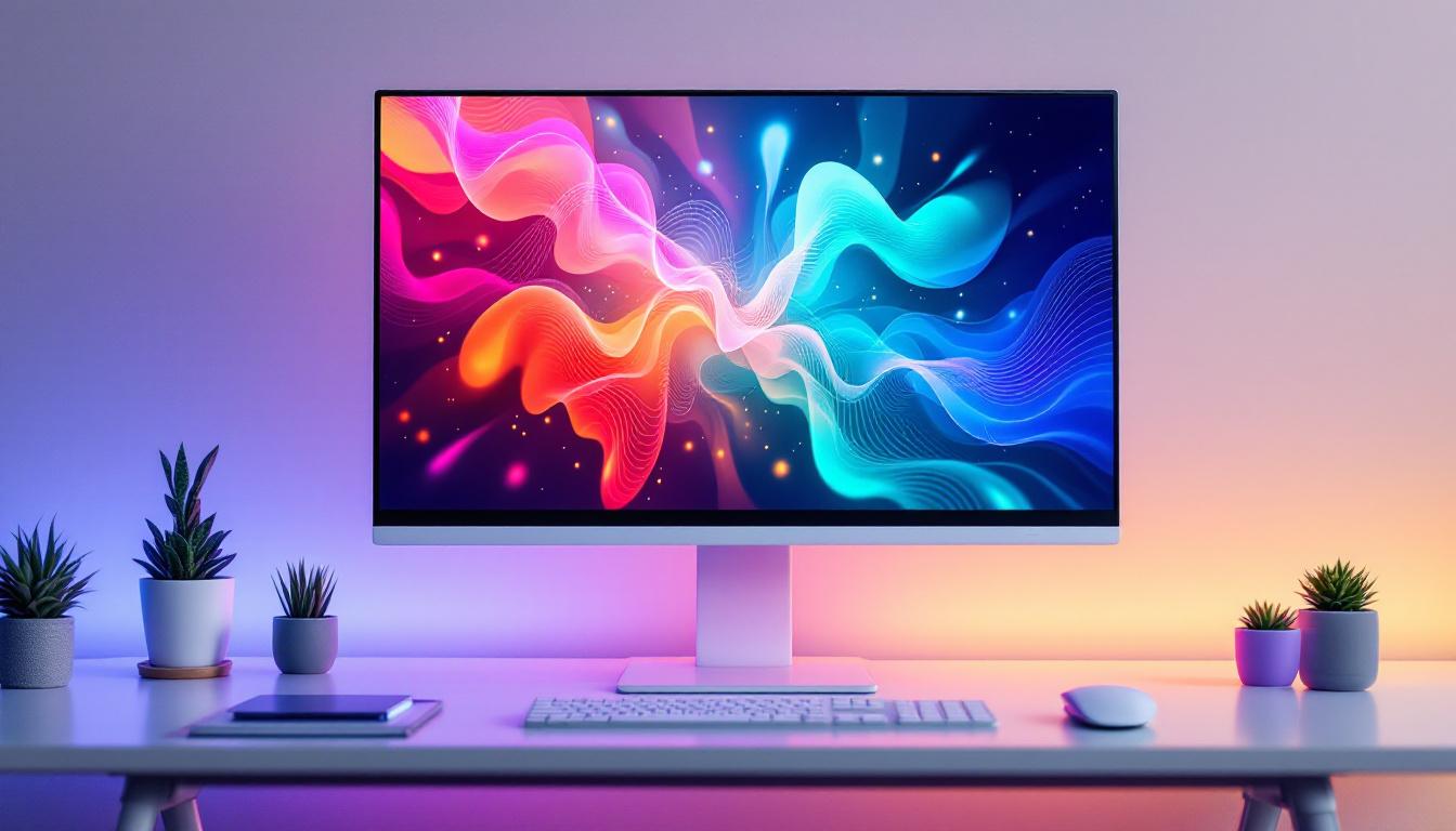 A photograph of a sleek 24-inch white led monitor displaying vibrant graphics or a visually appealing interface