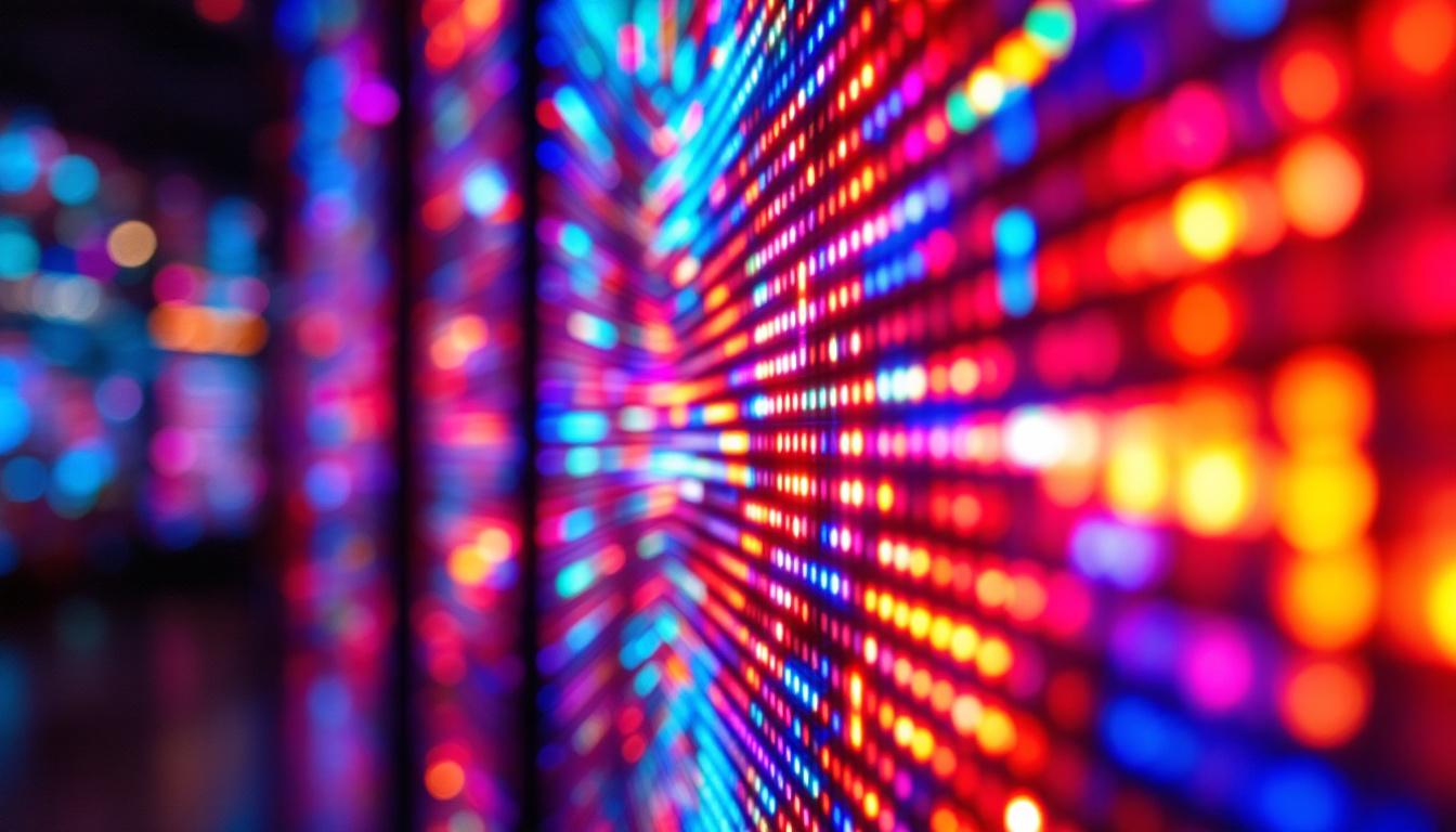 A photograph of a vibrant led display showcasing dynamic colors and patterns