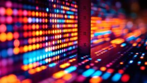 A photograph of a close-up of a vibrant led display