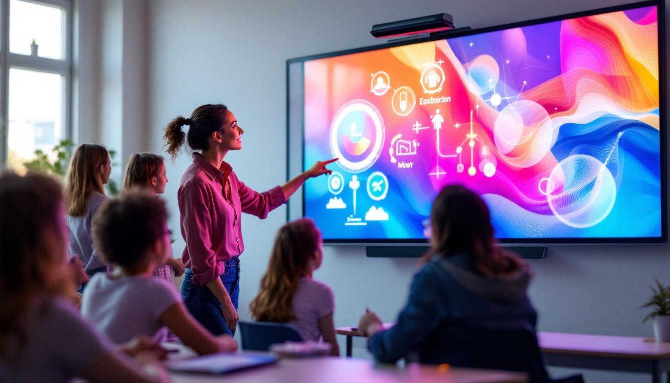 A photograph of a vibrant touch screen smart board in an interactive classroom setting