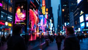 A photograph of a vibrant led display board showcasing dynamic graphics and text in a busy urban environment