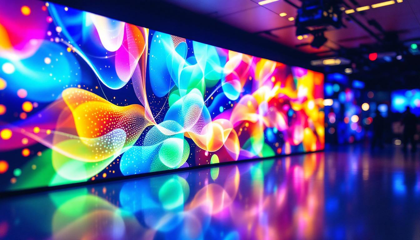 A photograph of a vibrant led display showcasing dynamic visuals and colors