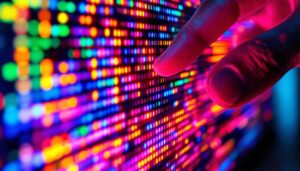 A photograph of a close-up of a vibrant micro led display showcasing its intricate pixel arrangement and vivid colors