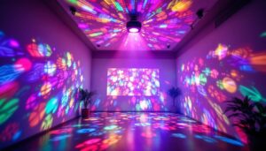 A photograph of a vibrant indoor setting showcasing a light show projector in action
