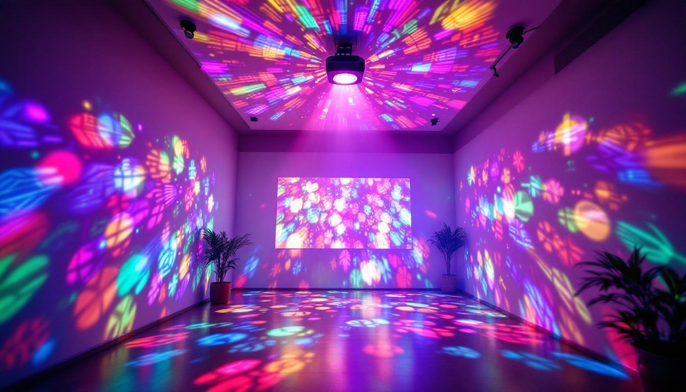 A photograph of a vibrant indoor setting showcasing a light show projector in action