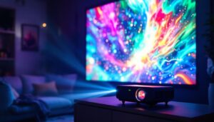 A photograph of a vibrant led video projector in action