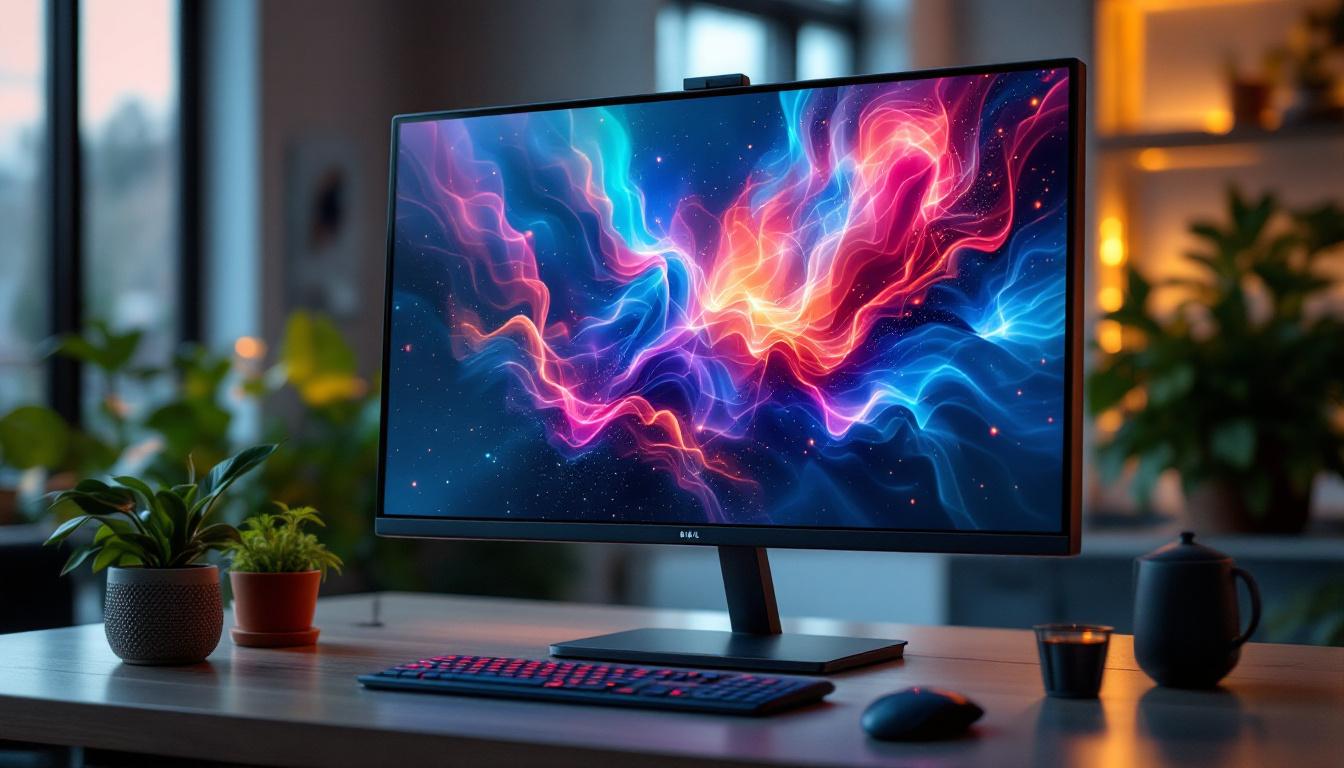 A photograph of a sleek 38-inch led monitor displaying vibrant visuals