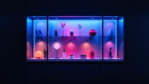 A photograph of a beautifully arranged led display cabinet showcasing various items