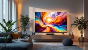 A photograph of capture a photograph of a sleek 98-inch led tv in a modern living room setting