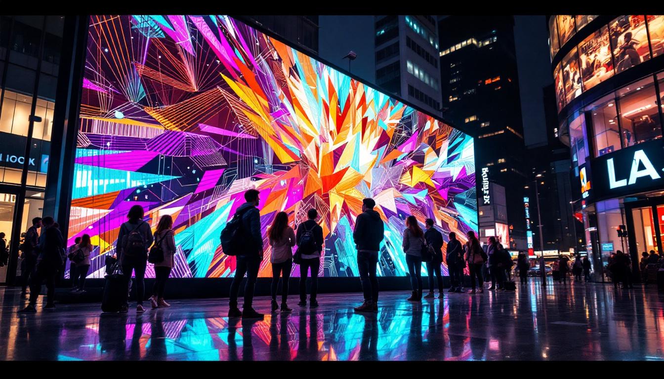 A photograph of an engaging and vibrant led display in a dynamic urban setting