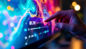A photograph of a close-up of a user adjusting the brightness settings on a modern led monitor