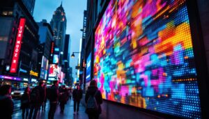 A photograph of a vibrant led display in a bustling urban setting